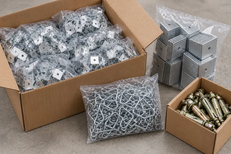 Cartons of clips, cleats and anchors packed for dispatch