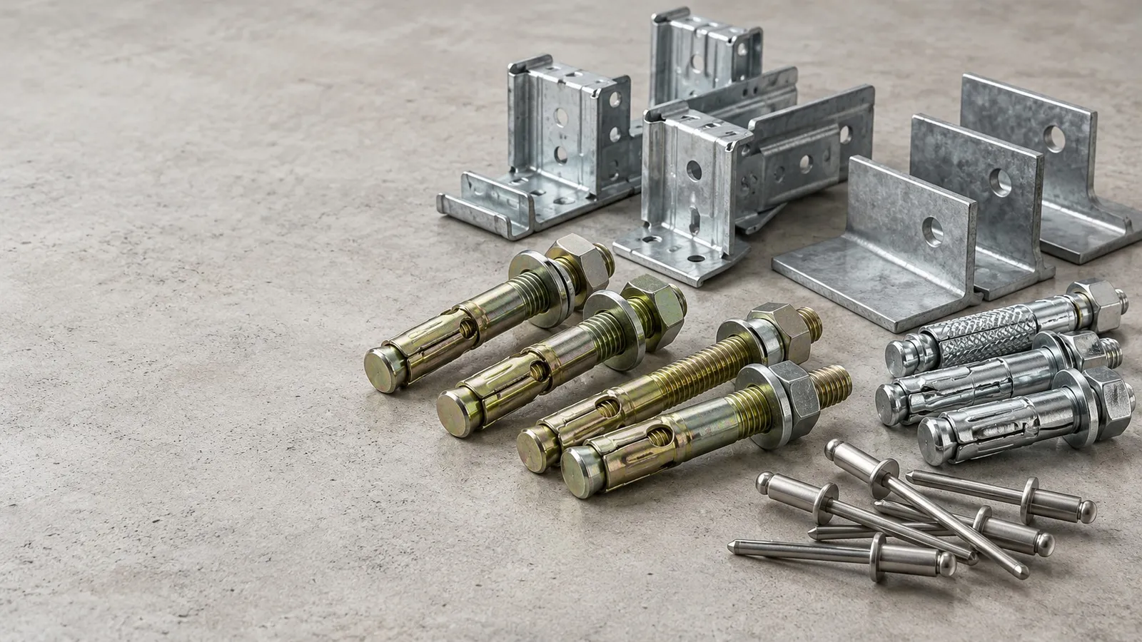 Ceiling clips, soffit cleats, wedge anchors and pop rivets on concrete