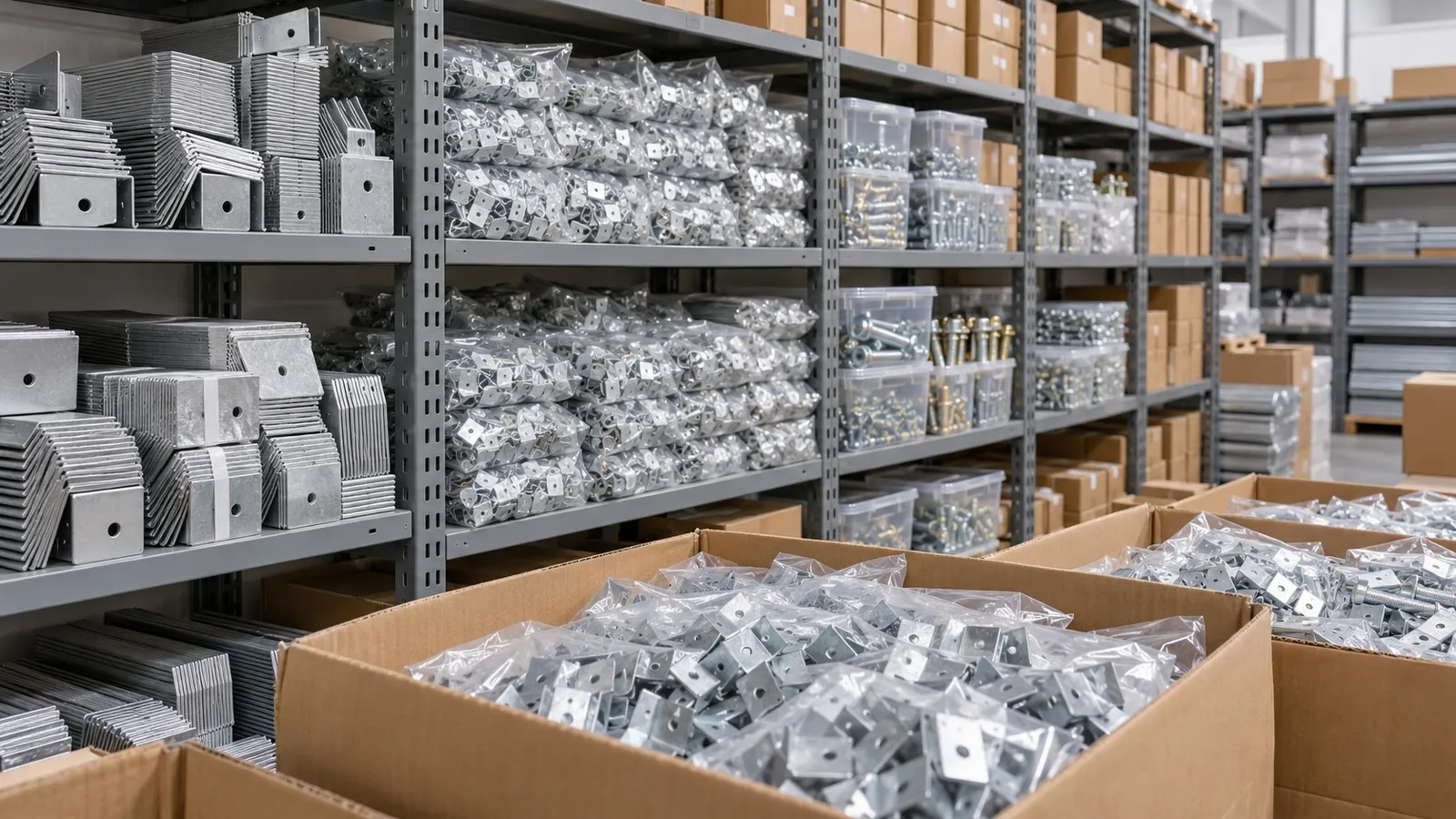 Shelves of packed fasteners and ceiling clips in our stock room